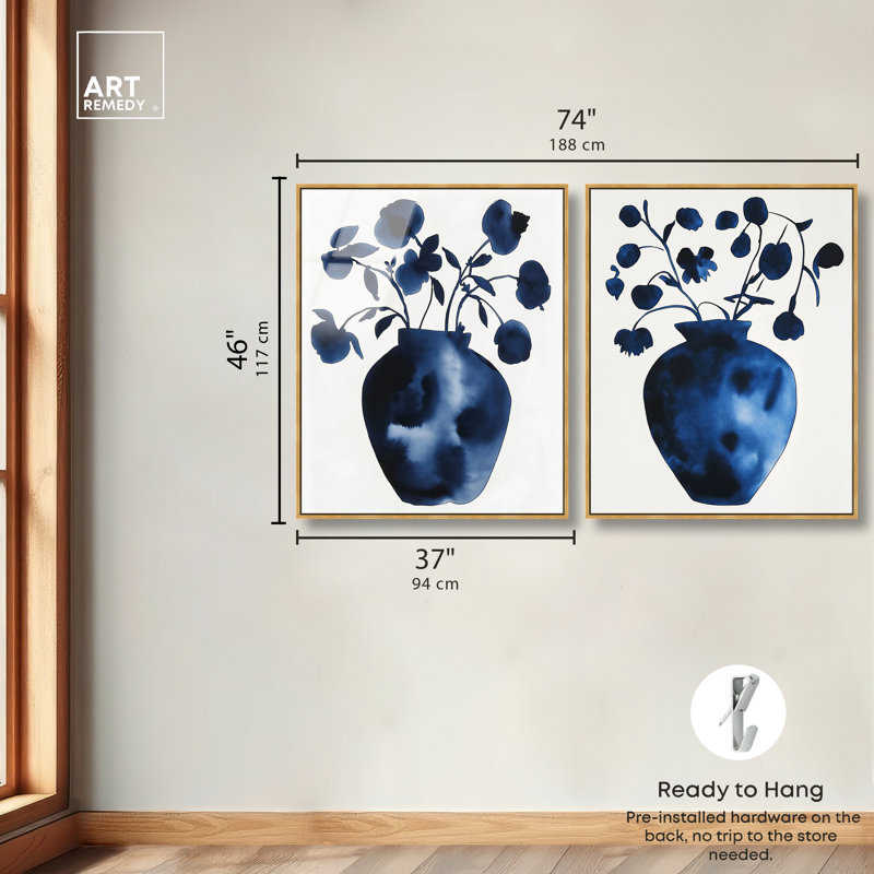 «Flowing Indigos Duo», ensemble de décorations murales imprimées en acrylique encadrées par Art Remedy, cadre doré, 36 x 45