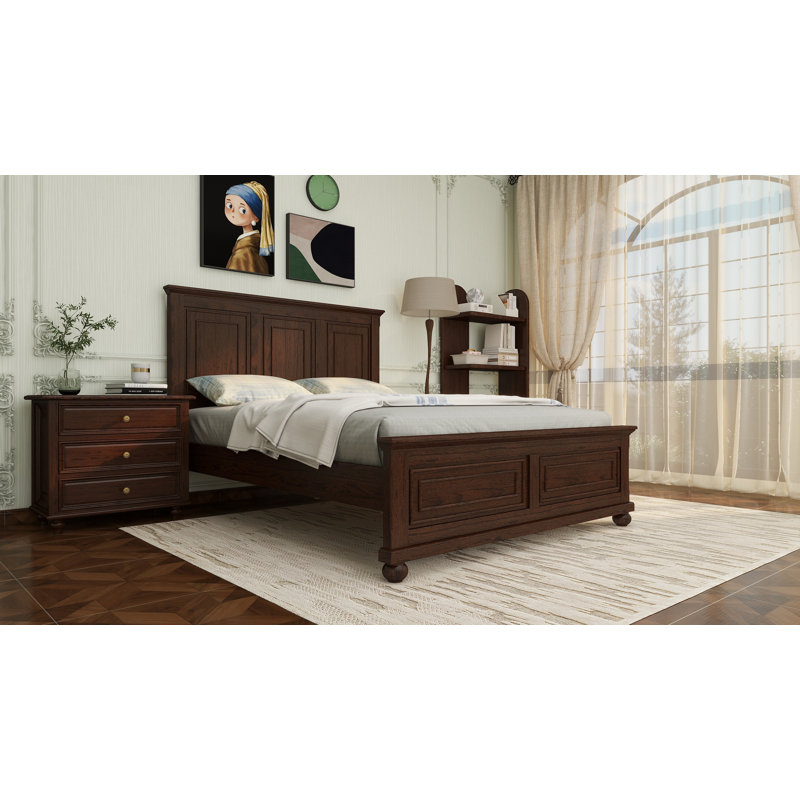 Grand lit de style traditionnel avec tête et pied de lit, USB, lit en bois de pin avec cadre de lit renforcé, noyer, Noyer