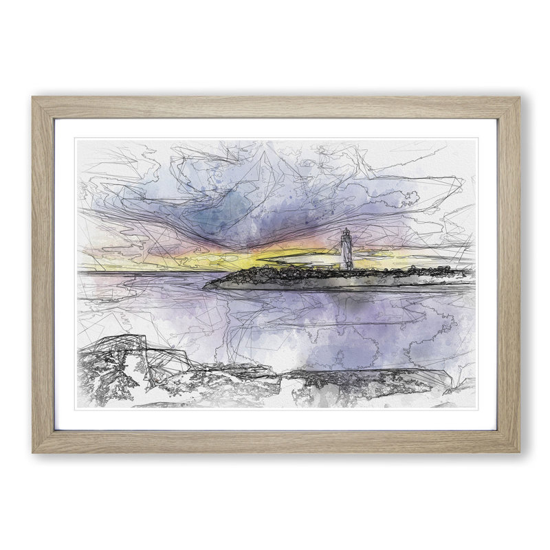 Remote Lighthouse & Seascape Sketch - Picture Frame Graphic Art Print, 40cm H x 60cm W x 2cm D, Oak Framed