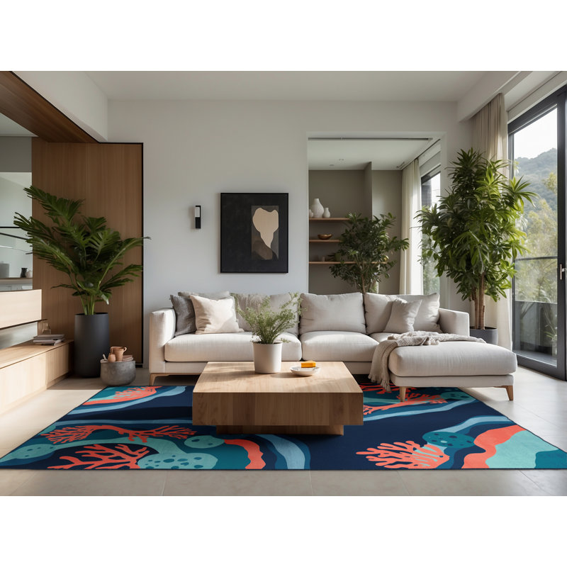 Soft Plush Collier Great Barrier Reef Contemporary Arc Area Rug in Blue – Navy Binding, 5x7