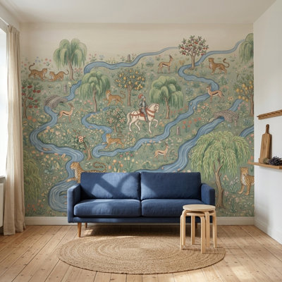 Papier peint pastoral paysage Toile Illustration Winding River Wall amovible