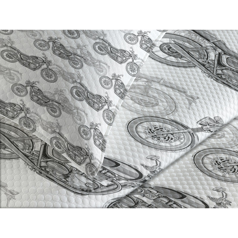 Queen White and Gray Motorcycle Bedspread Set