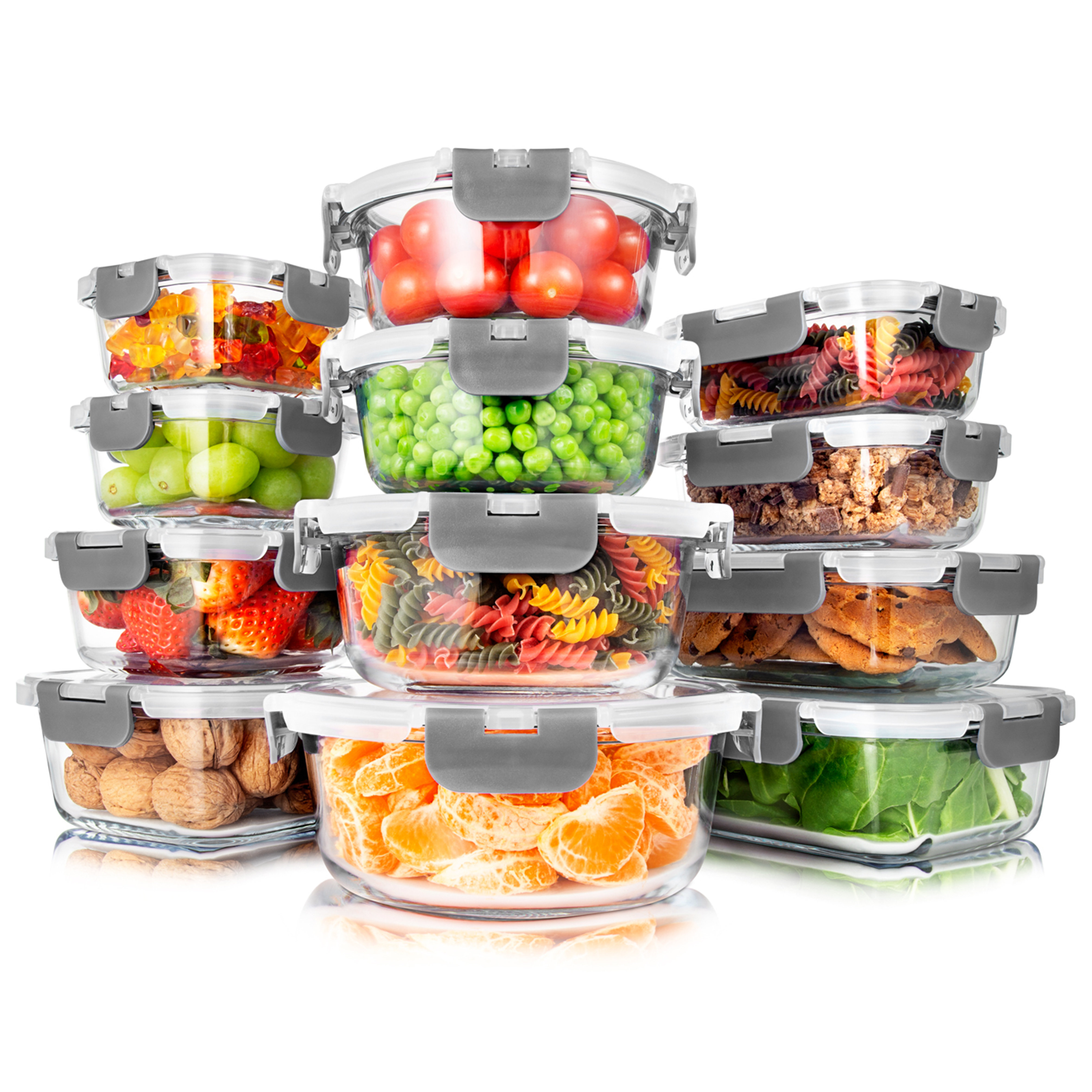 JoyJolt 24 Piece Fluted Glass Food Storage Containers with Leakproof Lids Set - Gray