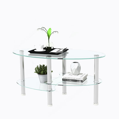 Oval Coffee Table With Glass Table Topand Shelf