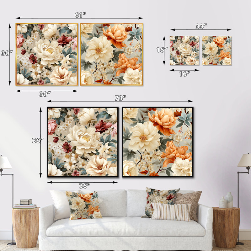 Attleboro - Ensemble de 2 collages carrés floraux, Cadre flottant blanc, H 36 po x l 73 po
