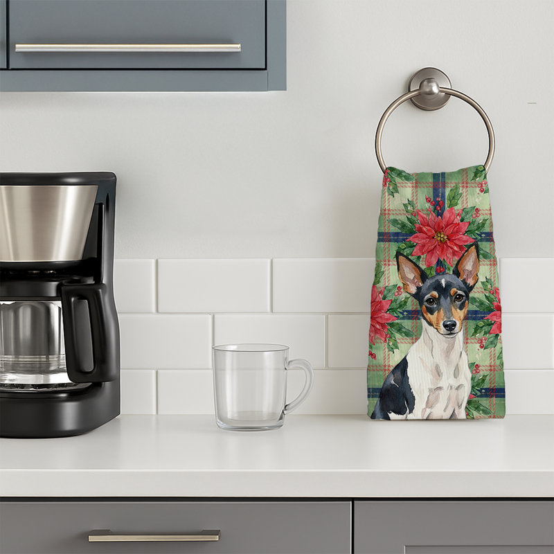 Toy Fox Terrier Christmas PoinsettIas Kitchen Towel, Black/White Toy Fox Terrier
