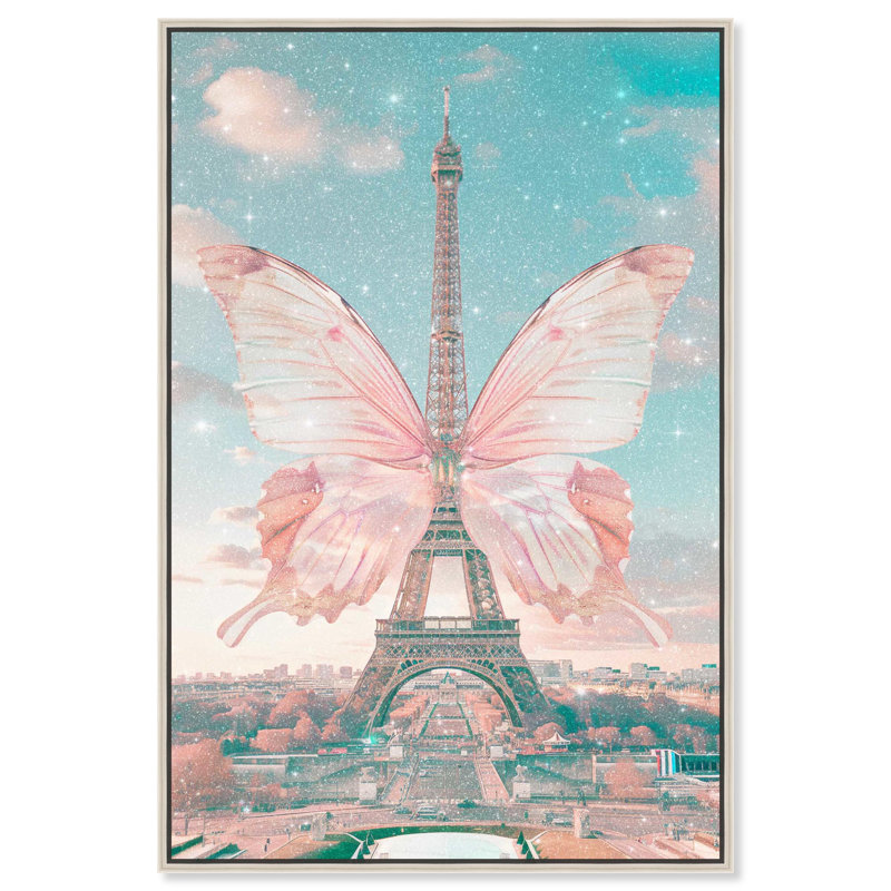 Art mural papillon rose sur toile, Tour Eiffel, H 16 po x l 11 po, Cadre argenté