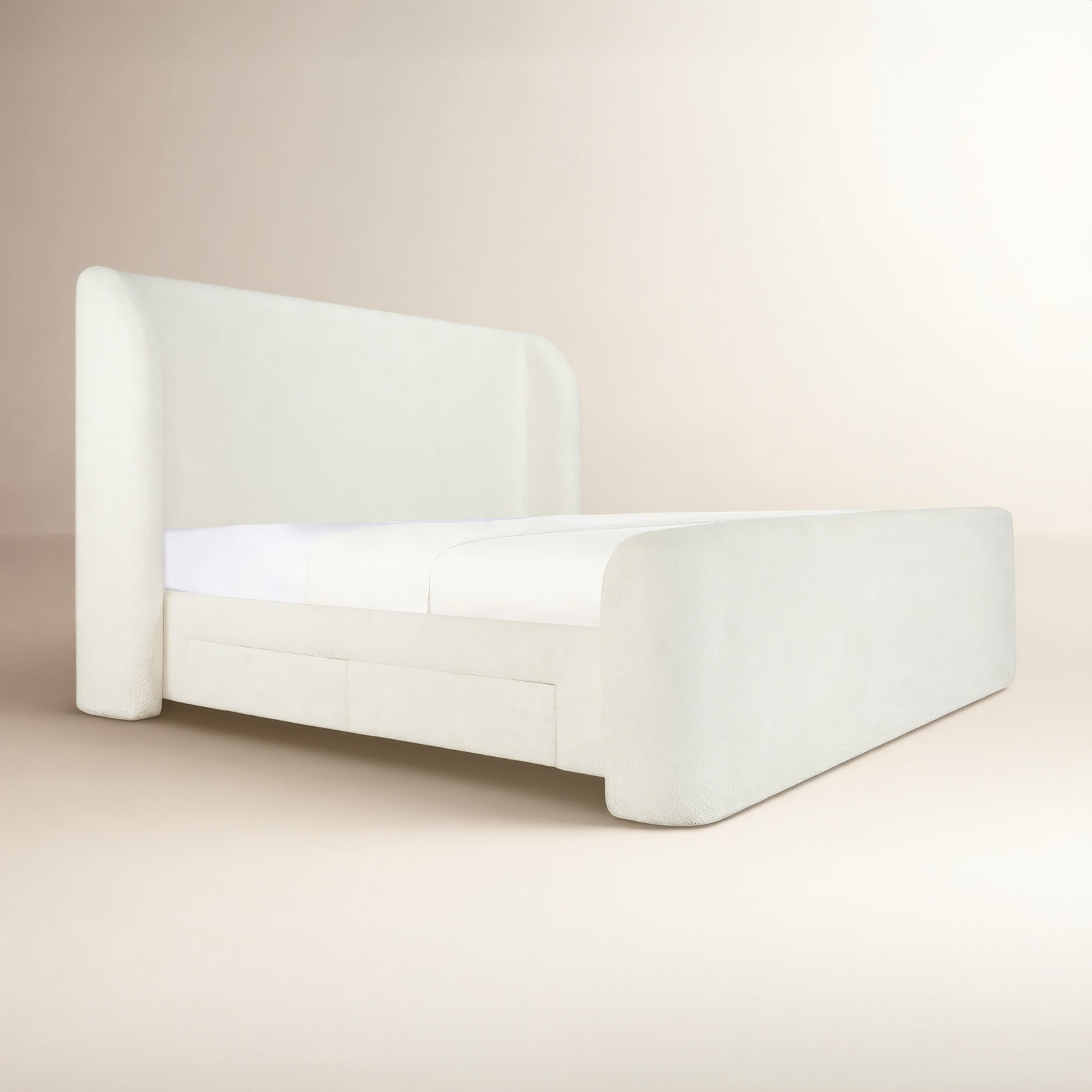 Upholstered Storage Wingback Bed, Queen, Cream Boucle
