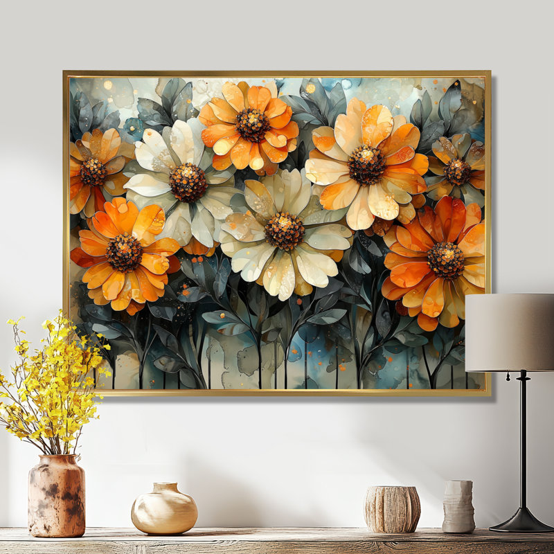 Jabon Golden Zinnias Flowers Geometric Beauty II - Zinnias, art mural, H 34 po x l 44 po, Impression encadrée flottante, Doré