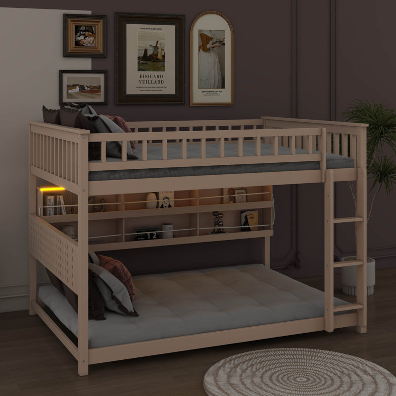 Bunk Bed With Integrated Shelving, Customizable Lights And Ventilated Panel, Beige, Full Over Full