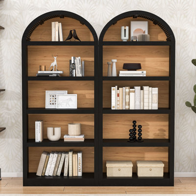 2pièces grandes bibliothèques autoportantes à 5 niveaux avec dessus arqués en tissu, étagères de rangement ouvertes pour le salon