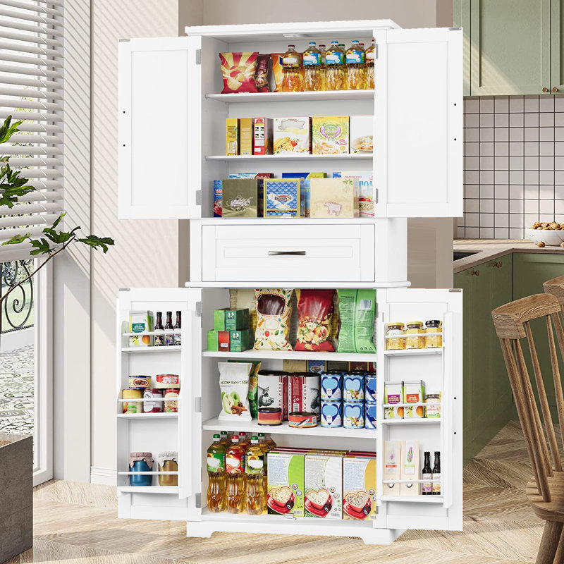 Kitchen Pantry Storage Cabinet With Multi-Functional Storage Space,The Middle Big Drawer  With Slide Rails, Adjustable Shelf