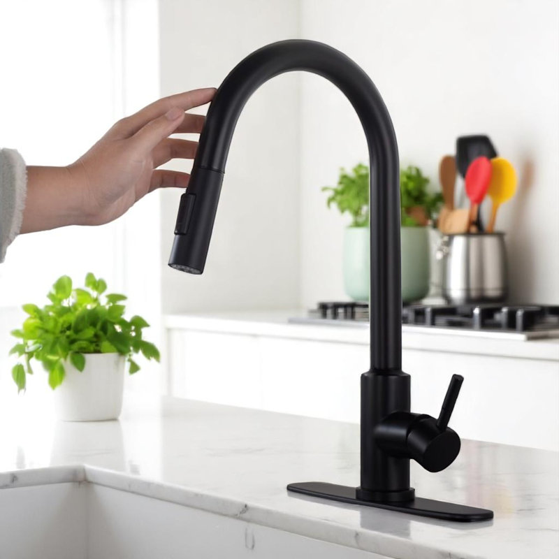 Robinet de cuisine à poignée simple rétractable, Noir mat