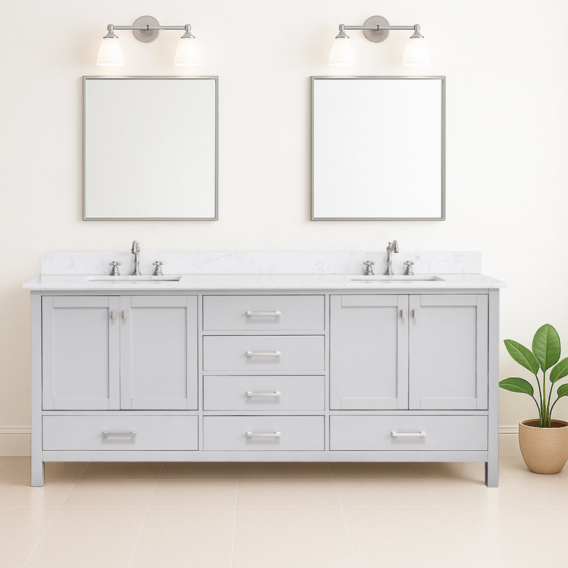Yakia 84'' Double Bathroom Vanity With Engineered Stone Top, Gray, 84"