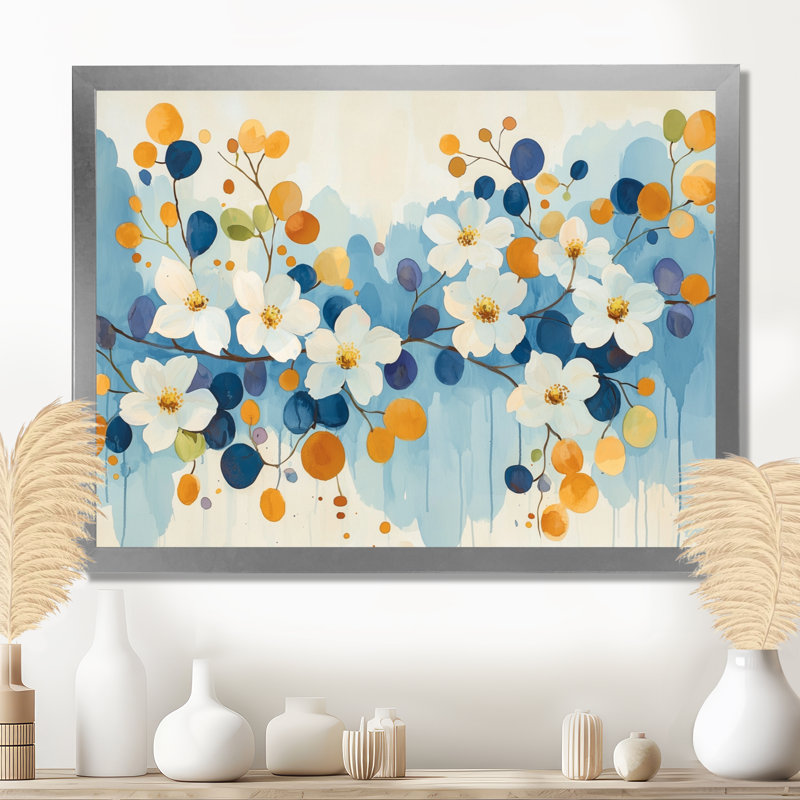 Doux couleur de rosier II - art mural cornouiller, Argent argent, Cadre simple, H 24 po x l 32 po