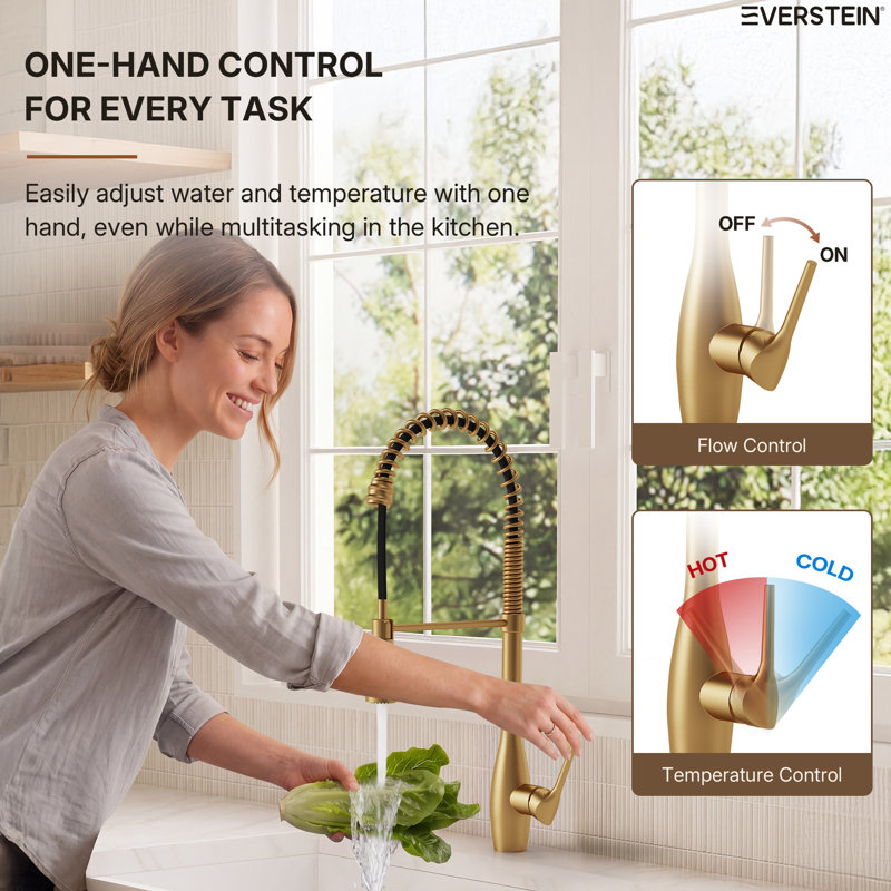 Commercial Style Dual Function Single Handle Pull Down Kitchen Faucet, Brushed Gold