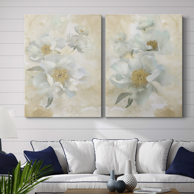 Douces pivoines I - ensemble de 2 reproductions d'art, H 32 po x l 48 po x P 1 po, Toile tendue, Pas de tapis
