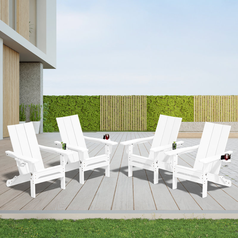 Chaise Adirondack pliante en polyéthylène haute densité Wolak avec porte-gobelet double (ensemble de 4), Blanc