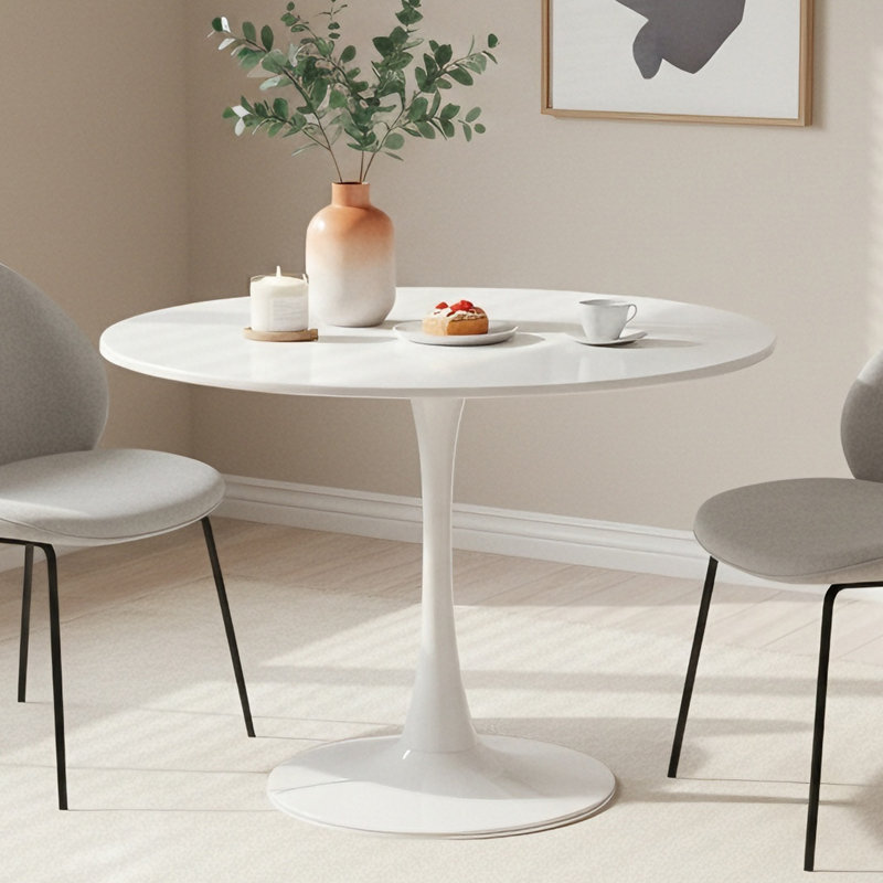 Table de salle à manger ronde, H 28,8 po x L 42 po x l 42 po, Chêne, Blanc
