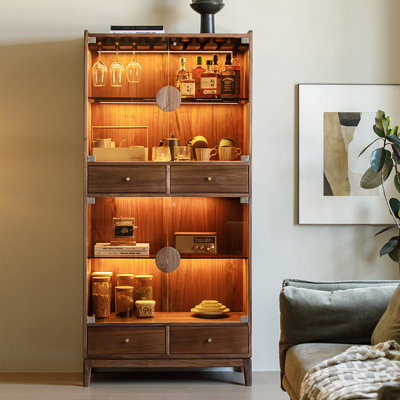 35.43" Nordic Black Walnut Wood Wine Cabinet, Luxury Glass Display Cabinet, Storage Cabinet for Living Room & Dining Room