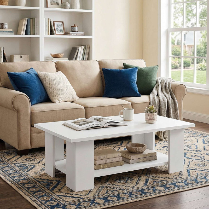 Grande table basse robuste en bois massif moderne de 41 pouces à 2 niveaux avec grande tablette de rangement ouverte pour le salon