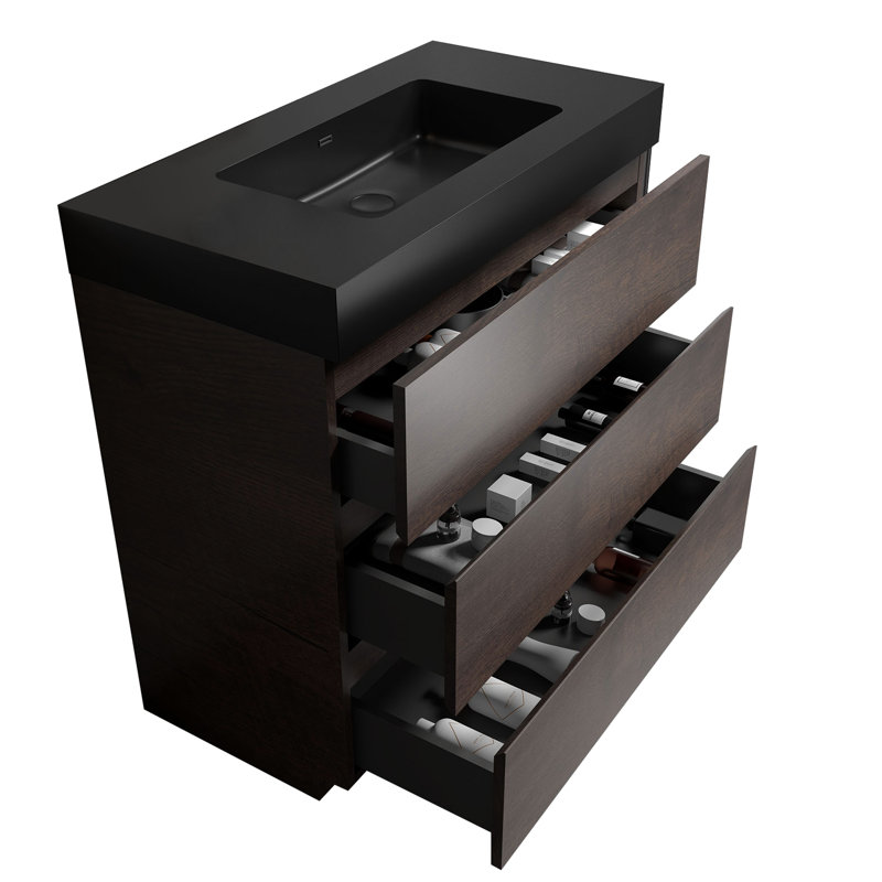 Walnut Bathroom Cabinet With Sink - 36", Modern Style 36" Vanity Sink, Look, Walnut, Black, 36"