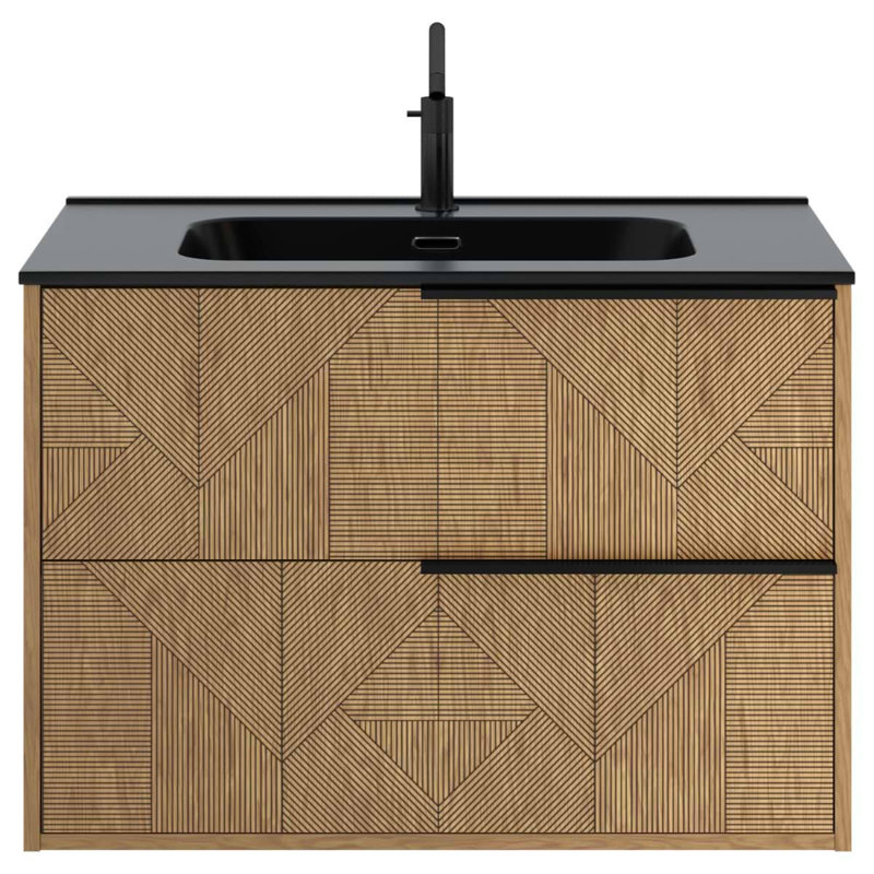Kora Geo 24" Fluted Wall-Mounted Single Bathroom Vanity with Integrated Ceramic Top & Handles, Black, 40"