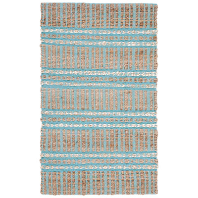 Sekani Natural Fiber Flat Weave Jute/Cotton Striped Rug in Teal/Natural
