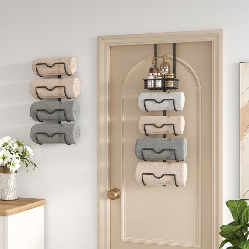 X-Cosrack Adjustable Hooks 9 Layers Over Door, Wall Mounted Metal Towel Holder, Rolled Up Towel Organizer for Hanging for Bathroom Storage Organizer - Black
