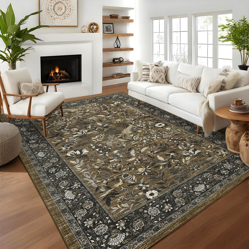 Botanical Floral Rug 5x7 Washable Rug for Living Room, Soft Non Shedding Carpet with Non Slip TPR Backing, Low Pile Thin Foldable Printed Mat for Bedroom Nursery, Brown