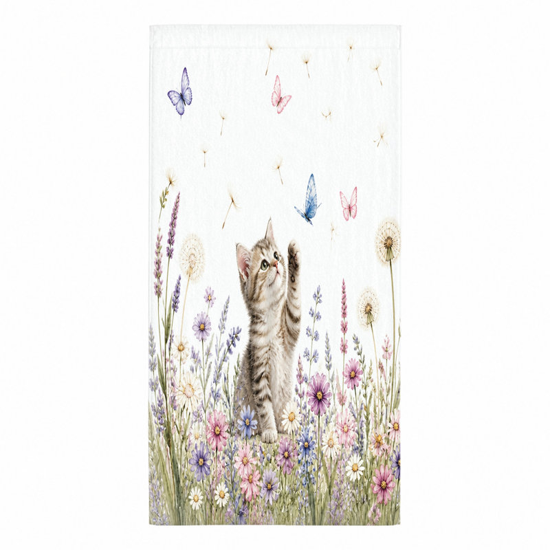 1 pièce Mignon chaton jouant avec des papillons, serviette de plage en microfibre à motif floral aquarelle, séchage rapide pour piscine, voyage et camping, unisexe