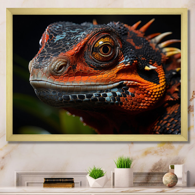 Portrait d'amphibien orange reptile, 34" H x 44" W, Black Picture Framed