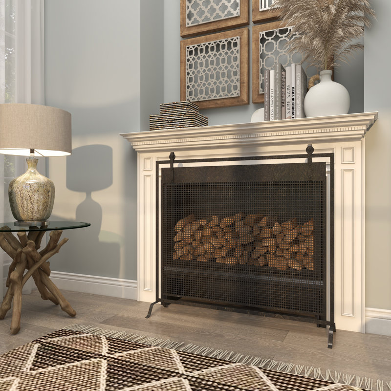 Metal Suspended Grid Single Panel Geometric Fireplace Screen with Bolted Detailing, Black