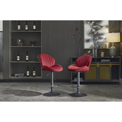 2 Red Adjustable Bar Chairs - Counter Height Stools For Kitchen And Pub With Footrest, Fabric Upholstered, Metal Base, Foam Filled Comfort Of 2 Back Footrest Pub, Covered, High Resilience Filling