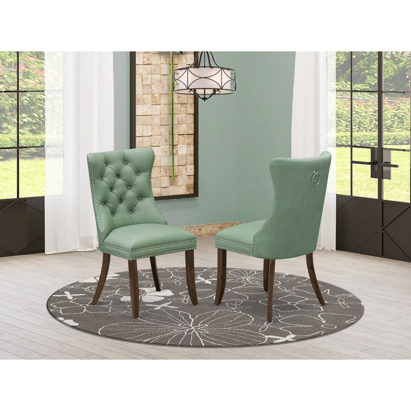 Dallas Parson Dining Room Chairs - Button Tufted Nailhead Willow Green Polyester Fabric Padded Chairs, Set of 2, Antique Walnut