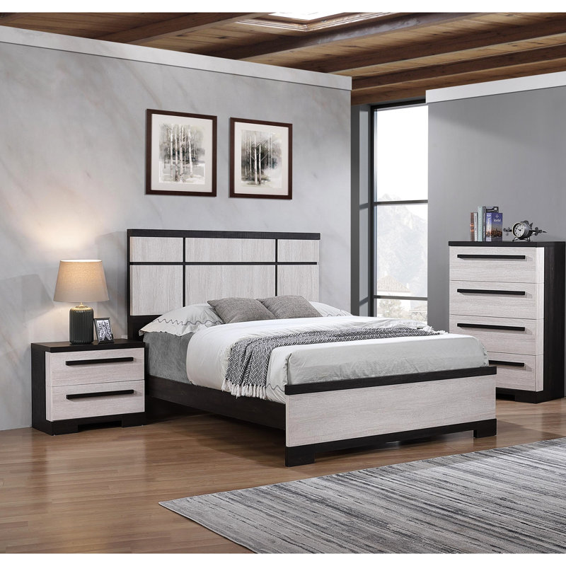 Modern, Queen Panel Bed Frame, Geometric Eye - Catching Two Toned Headboard, Chalk Ebony, Transitional Style, For Bedroom, Box Spring Essential Contemporary Size With Style Ebony And Cream Colors,