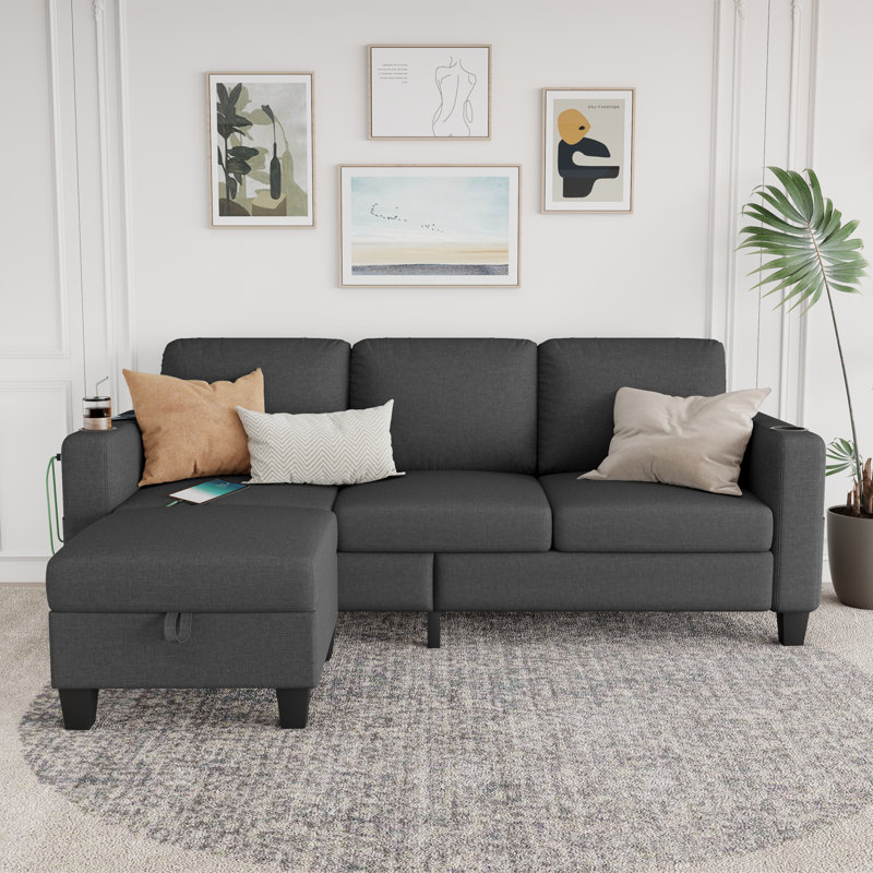 Canapé d'angle de 78 po avec supports USB et porte-gobelets double - Linen Elegance, Gris foncé