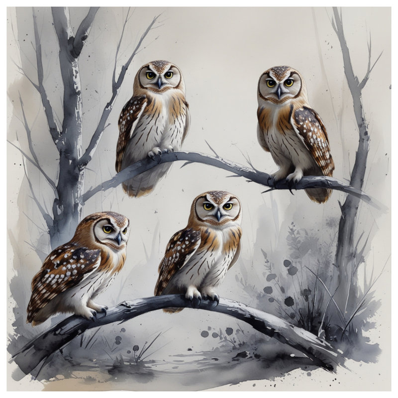 Quatre hiboux sur une branche, rideaux transparents et occultants - 1 panneau, 50 po x 92 po - 1 panneau, Blocage