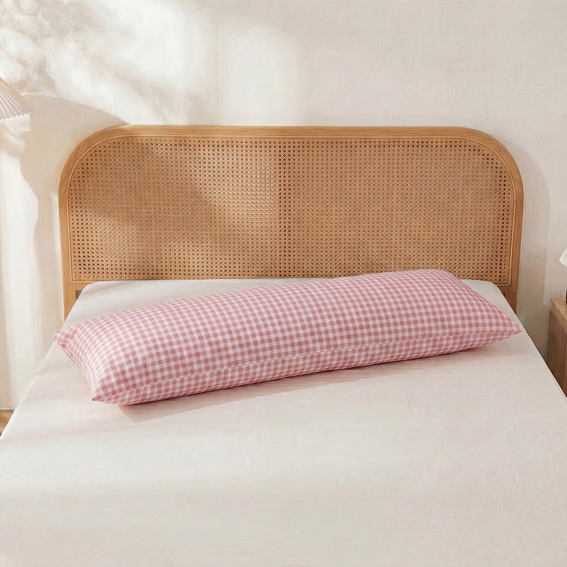100% Cotton Body Pillow Cover, 20 x 54, Washed Cotton Pink Gingham Pillowcase, Soft Breathable Pillow Cover for Bed