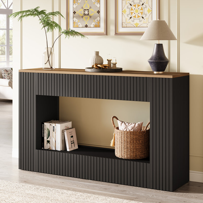 Modern Console Table, 55 Inch Wood Entryway Table With Storage, Rustic Light Brown, Black