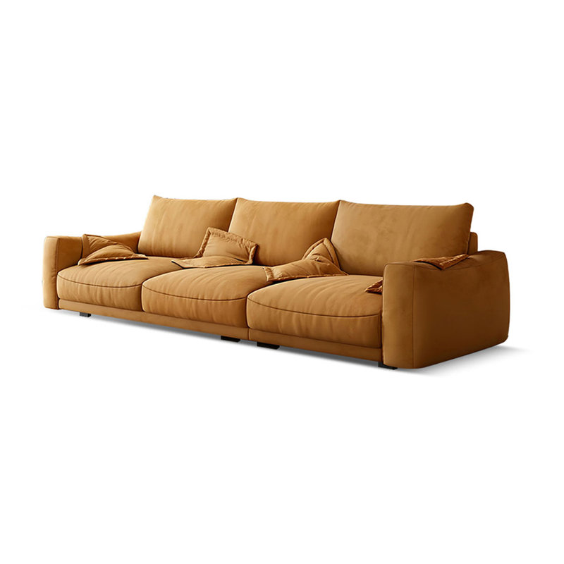 Modern warm orange suede straight-row sofa