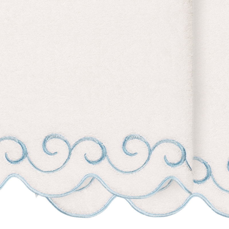  100% Turkish Cotton SIMPLICITY Scallop 2PC Embellished Bath Towel Set, Bath Towel - 2 Pack, White/Blue