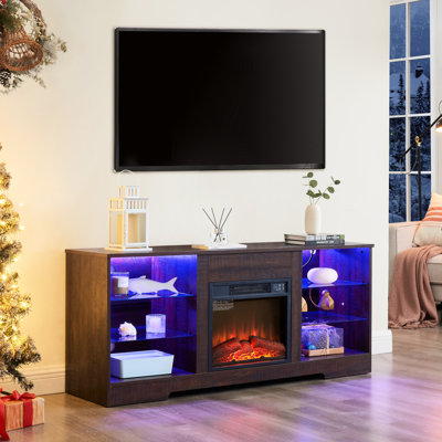 Meuble télé électrique pour foyer avec luminosité et couleur de flamme réglables - largeur de 58 po, 3 niveaux, téléviseur jusqu'à 62 po, tablettes sur pied l 58 po x H 24,4 po x P 15,5 po, 32 po