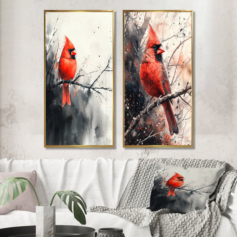 Art mural oiseau cramoisi cardinal I - animaux, 2 pièces, Cadre flottant doré, H 28 po x l 25 po