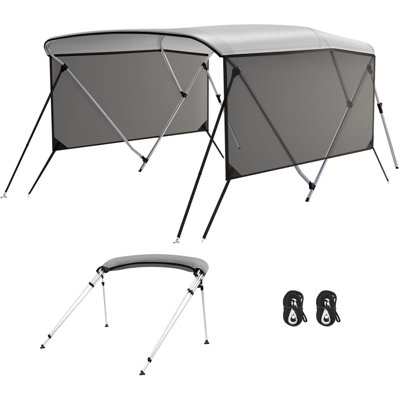 Toit bimini à 3 nœuds pour bateaux - Toile de qualité marine 600D et enduit de polyuréthane, structure en aluminium, 2 rideaux latéraux amovibles, poteaux de soutien arrière, sangles réglables, botte à fermeture à glissière - gris clair, H 6 pi x H 46 po x l 79 po à l 84 po