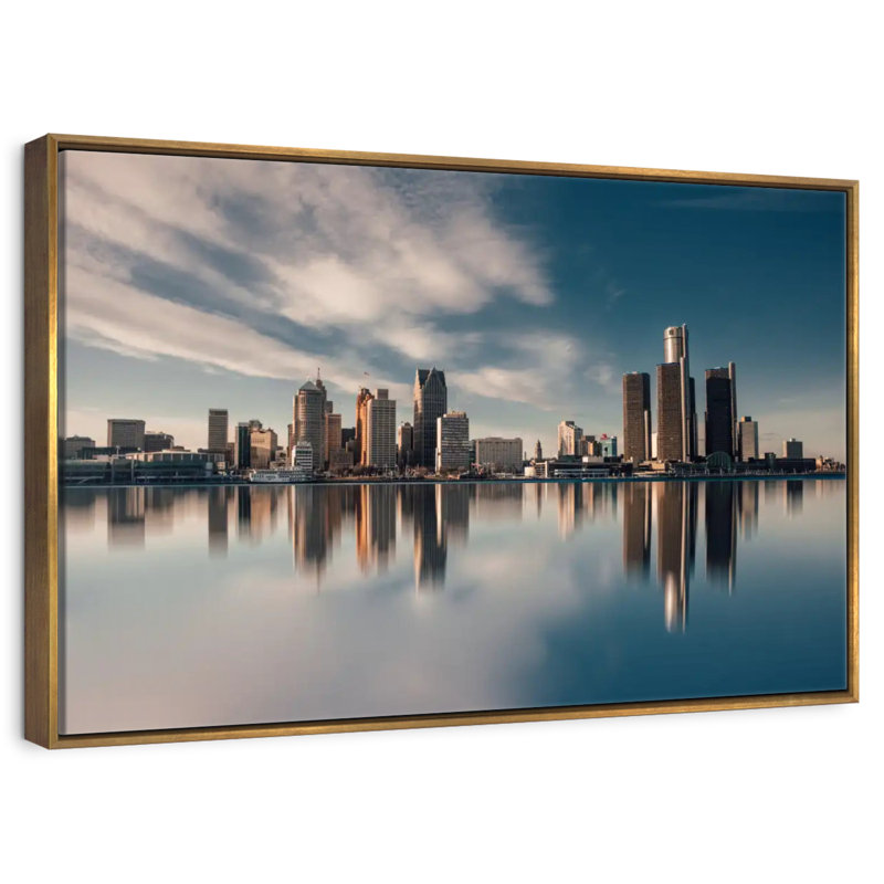 Reflet de Detroit Skyline, 25 po x 17 po, Cadre flottant doré