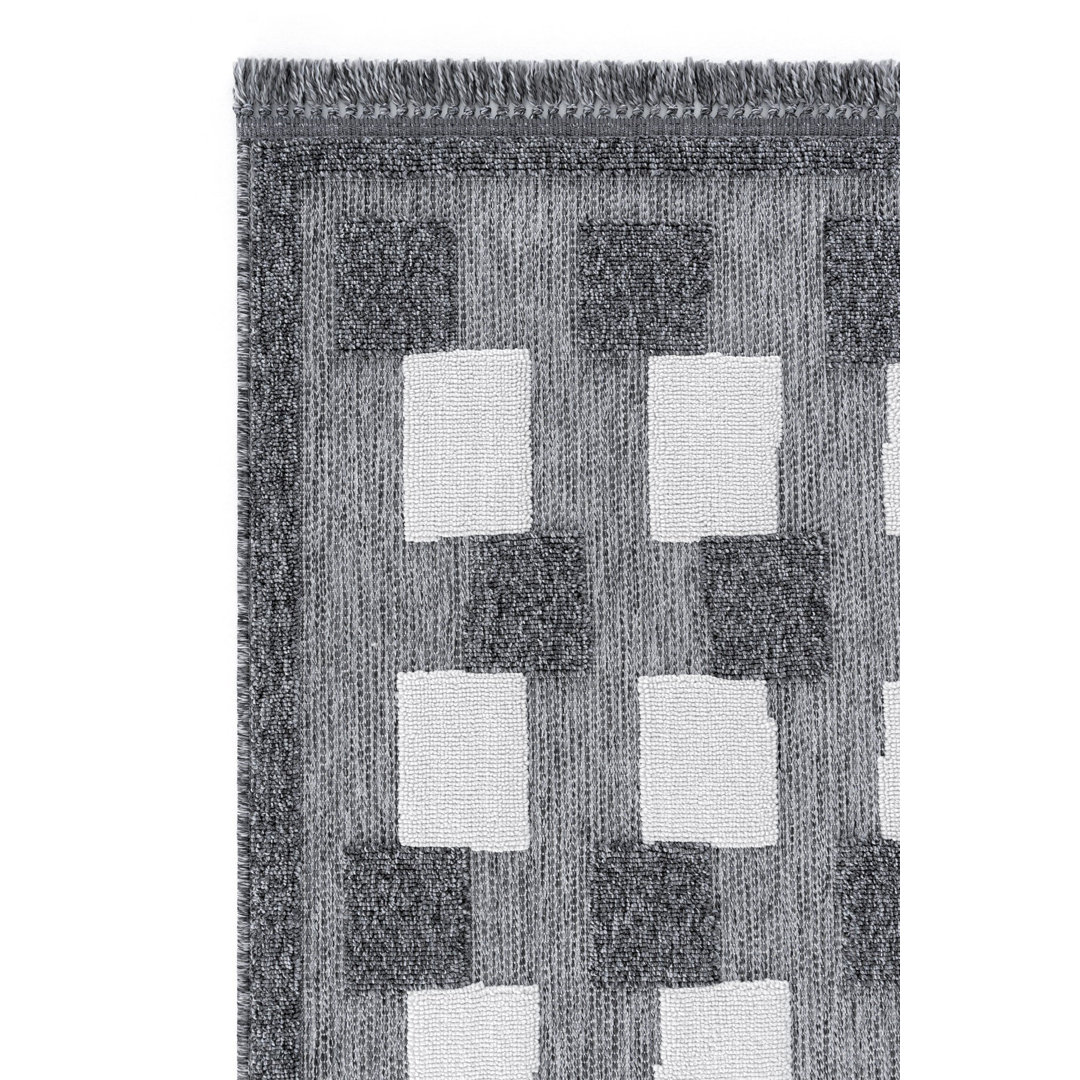 Grey Geometric,Bordered,Flatweave Bedroom Rug, Machine Made using Polypropylene with Cream and Modern design