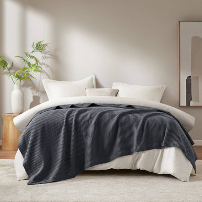 Waffle Weave Dark Grey 100% Cotton Breathable Lightweight Full/Queen Blanket