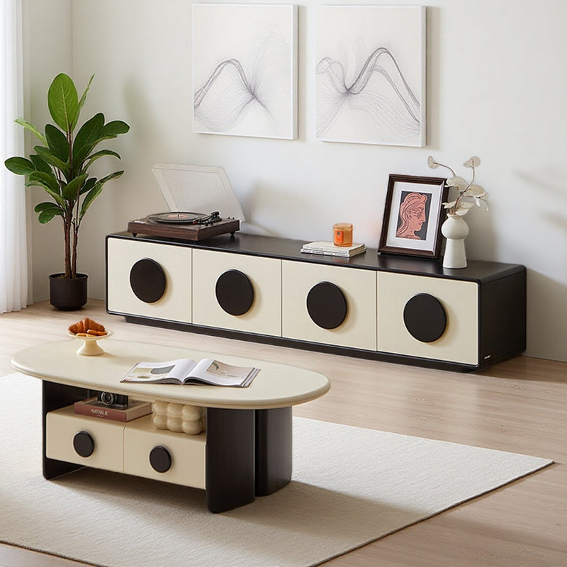 Meuble télé simple de style crème, Blanc cassé / noir