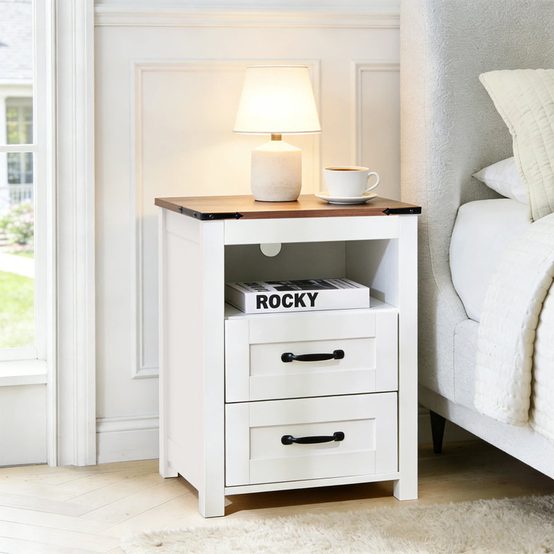 Nightstand with Charging Station,Side Table with 2 Drawers Storage Cabinet for Bedroom, Living Room, White, 1